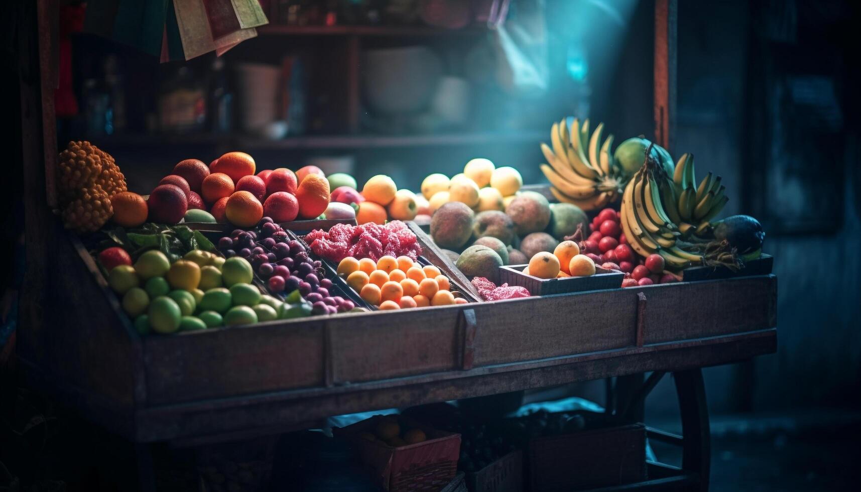 Abundance of fresh, healthy fruits at market generated by AI photo