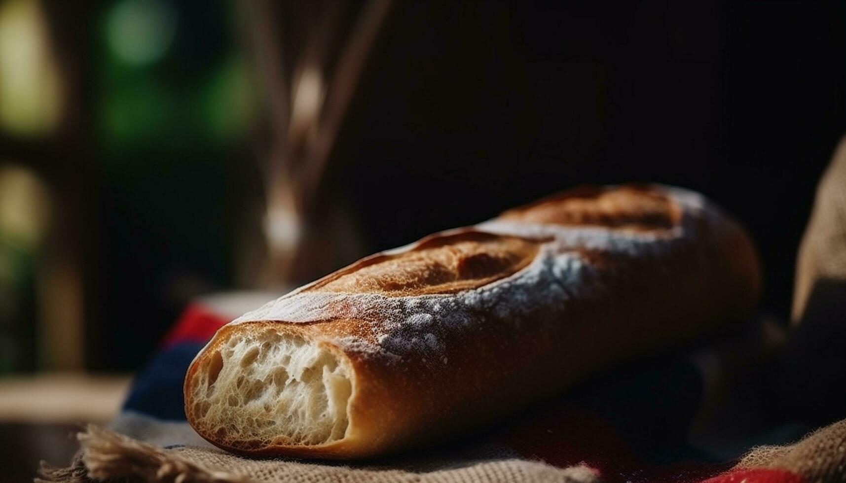 Freshly baked baguette on rustic wooden table generated by AI photo