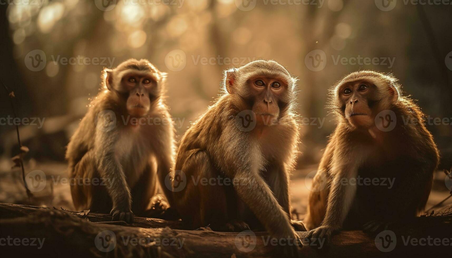 Macaque family sitting in tropical rainforest eating generated by AI photo