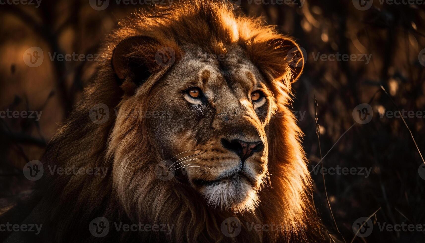 Majestic lion walking through African wilderness area generated by AI photo