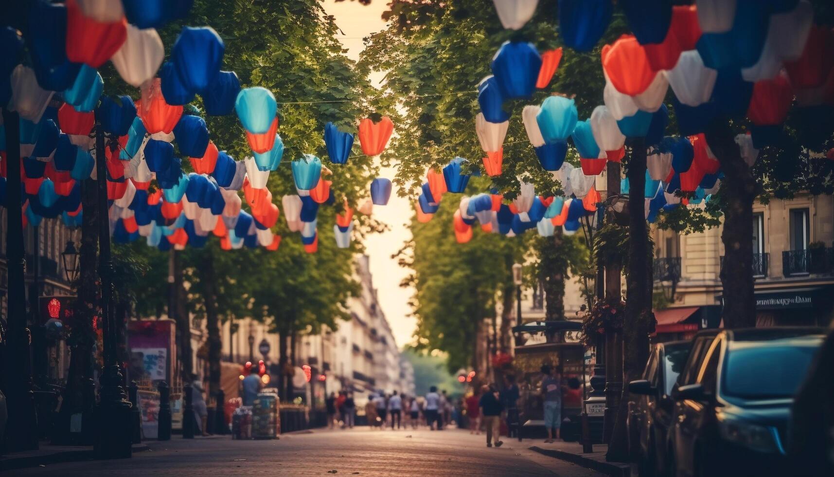 Crowded city street illuminated by multi colored lanterns generated by AI photo