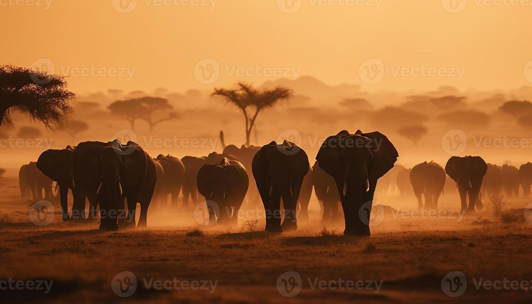 African elephant herd grazing at sunrise on savannah generated by AI photo