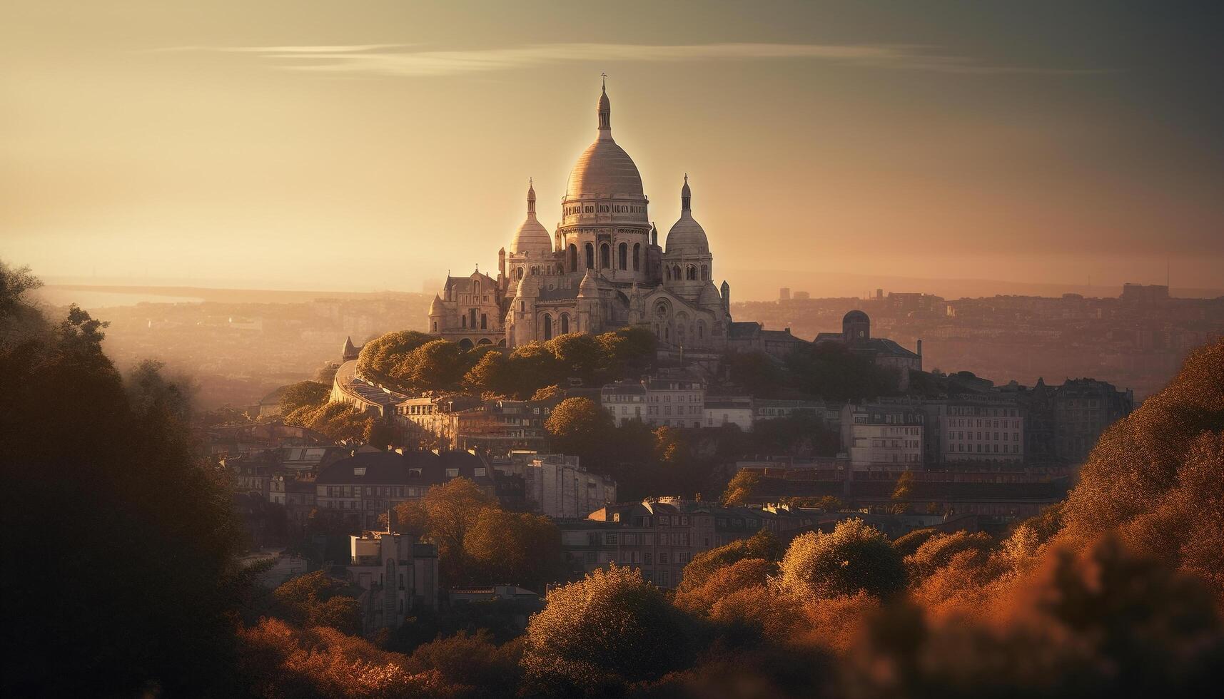 puesta de sol ilumina antiguo basílica, ciudad vida multi de colores generado por ai foto