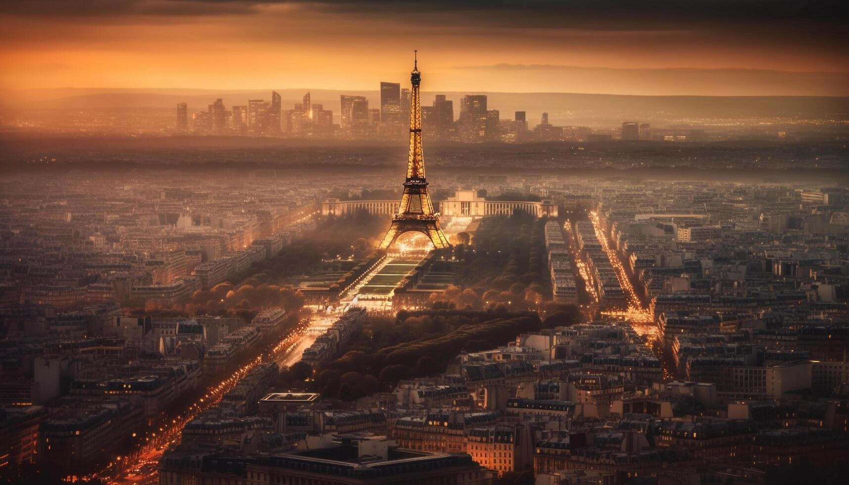 Glowing cityscape at dusk, modern skyline illuminated generated by AI photo