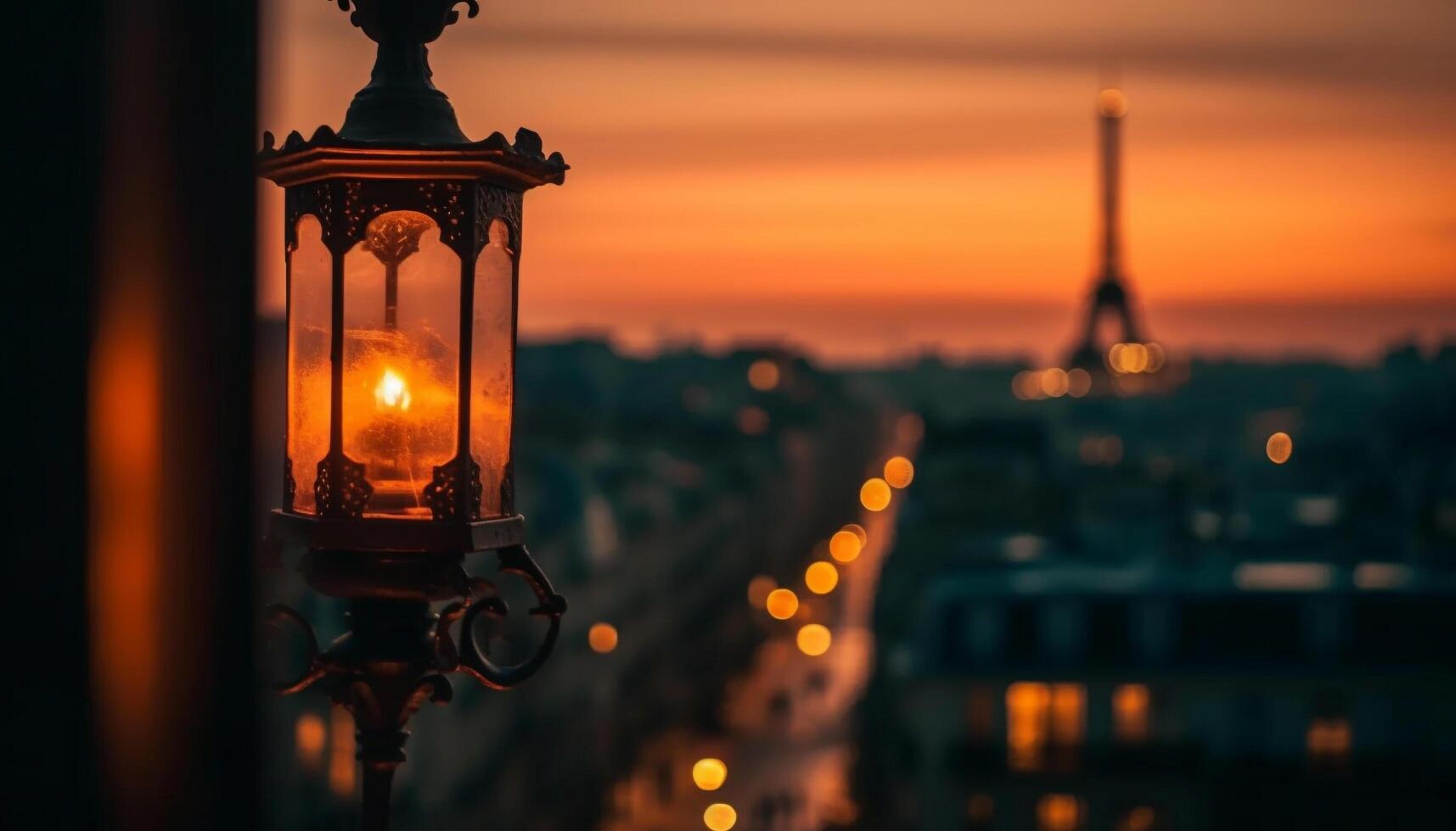 Glowing lanterns illuminate the old city streets generated by AI photo