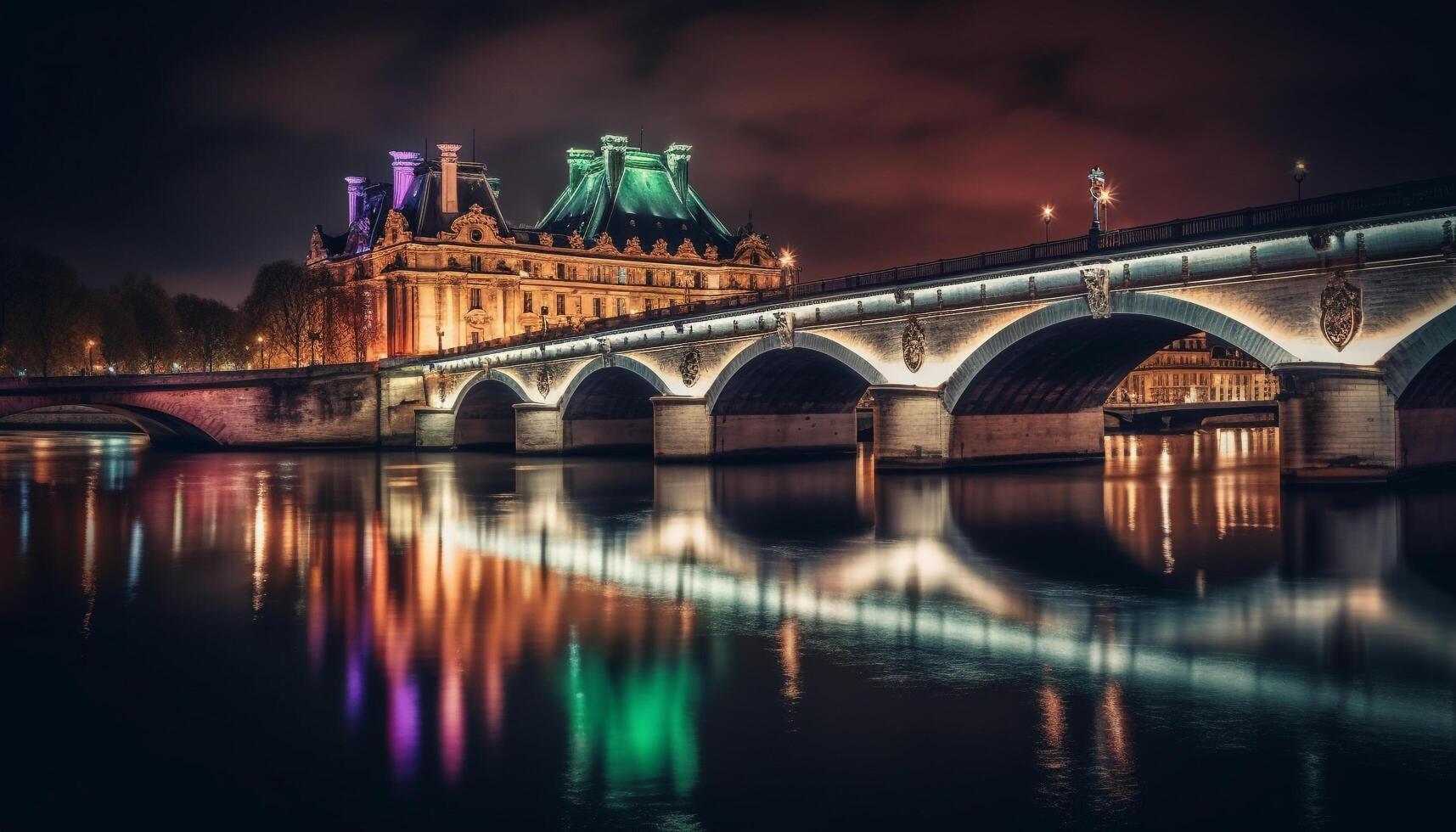 Illuminated bridge reflects city history and architecture generated by AI photo