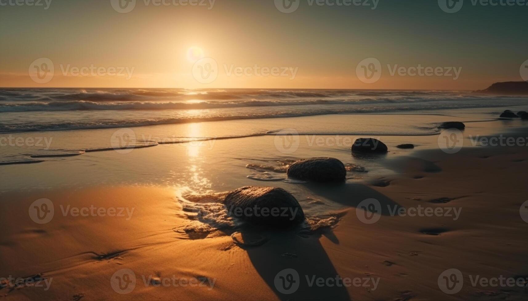 Golden horizon over tranquil waters, nature beauty generated by AI photo