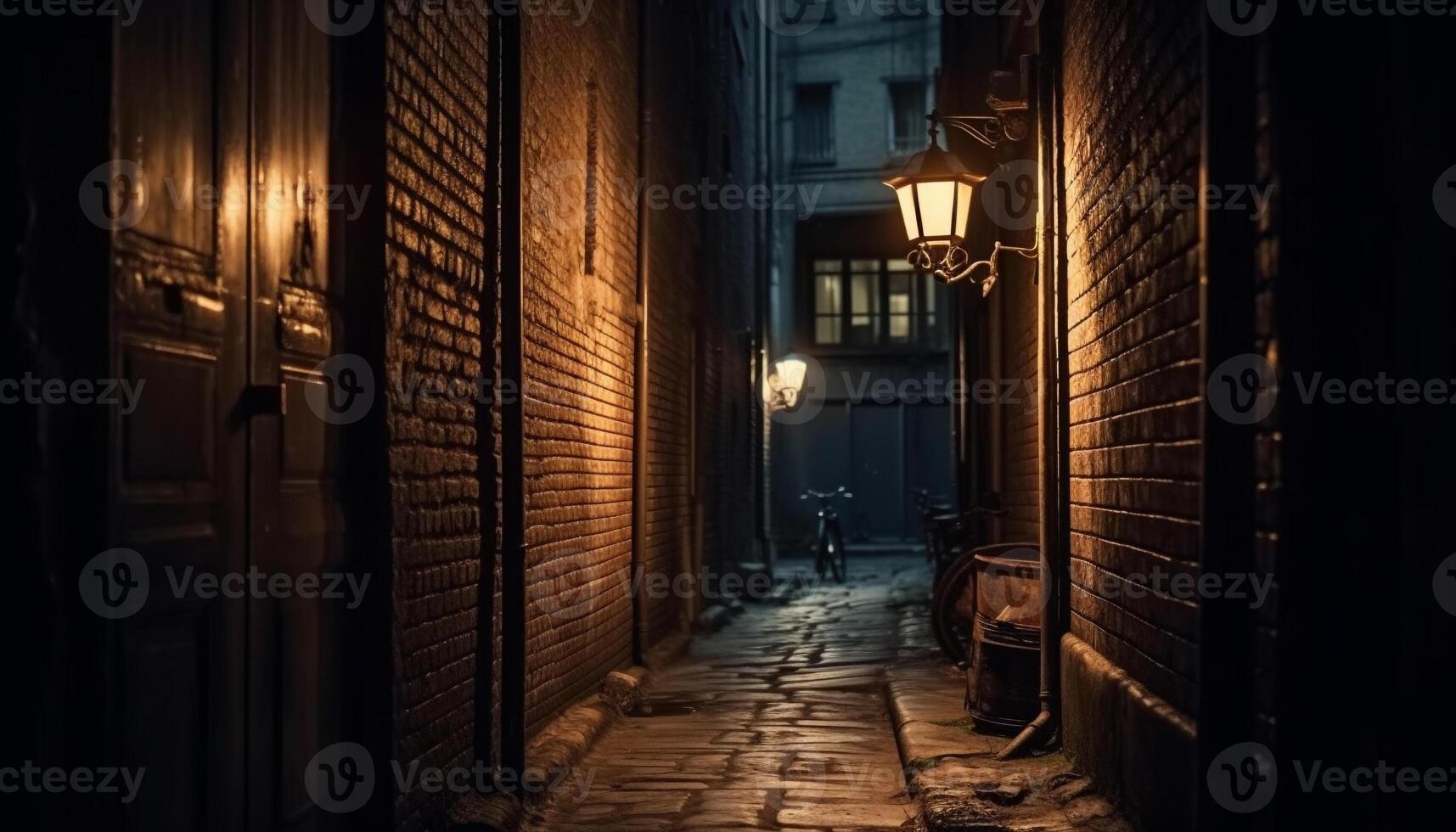 Spooky lantern illuminates old brick wall at dusk generated by AI photo