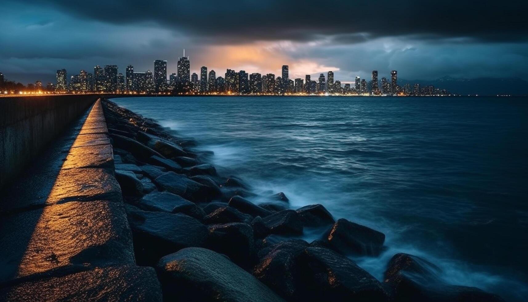 Illuminated city skyline reflects on calm water generated by AI photo