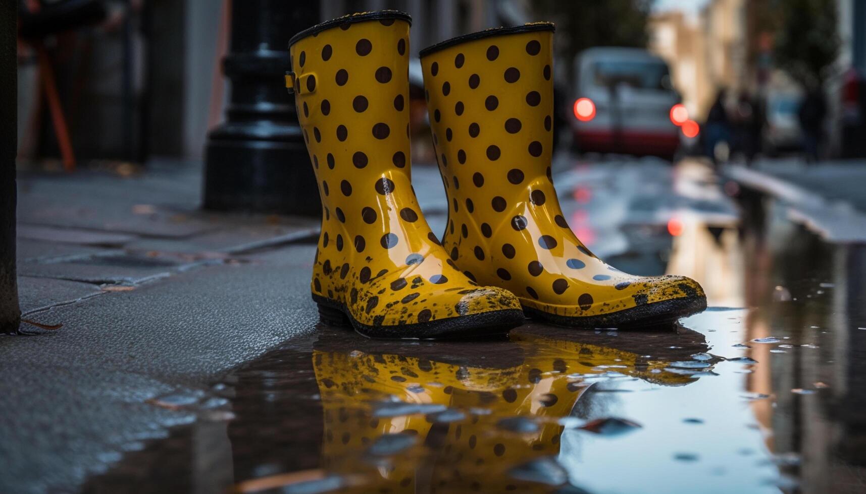 Yellow rubber boots splash through muddy floodwaters generated by AI photo