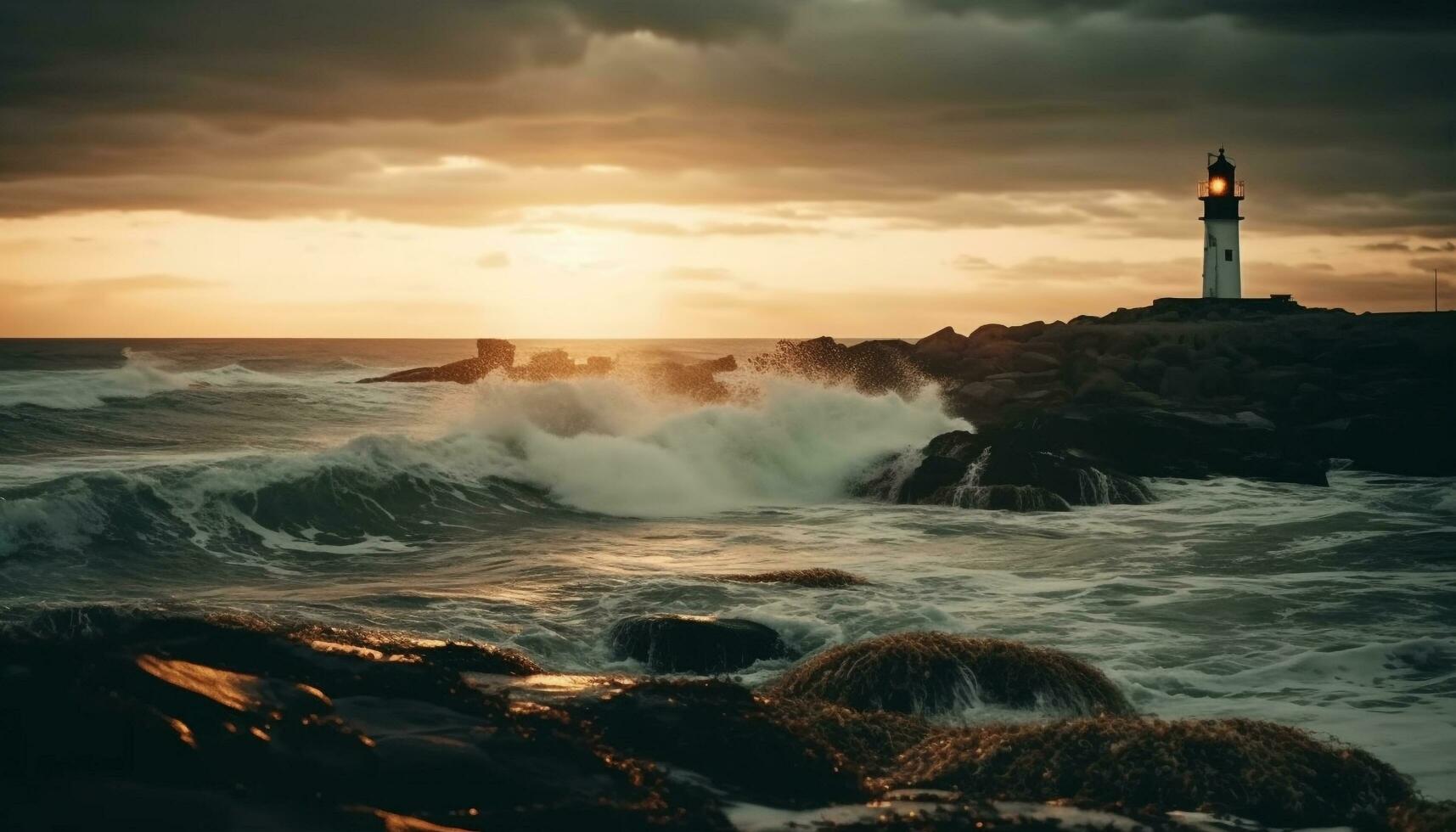 Sunset over the coastline, waves breaking on rocks generated by AI photo