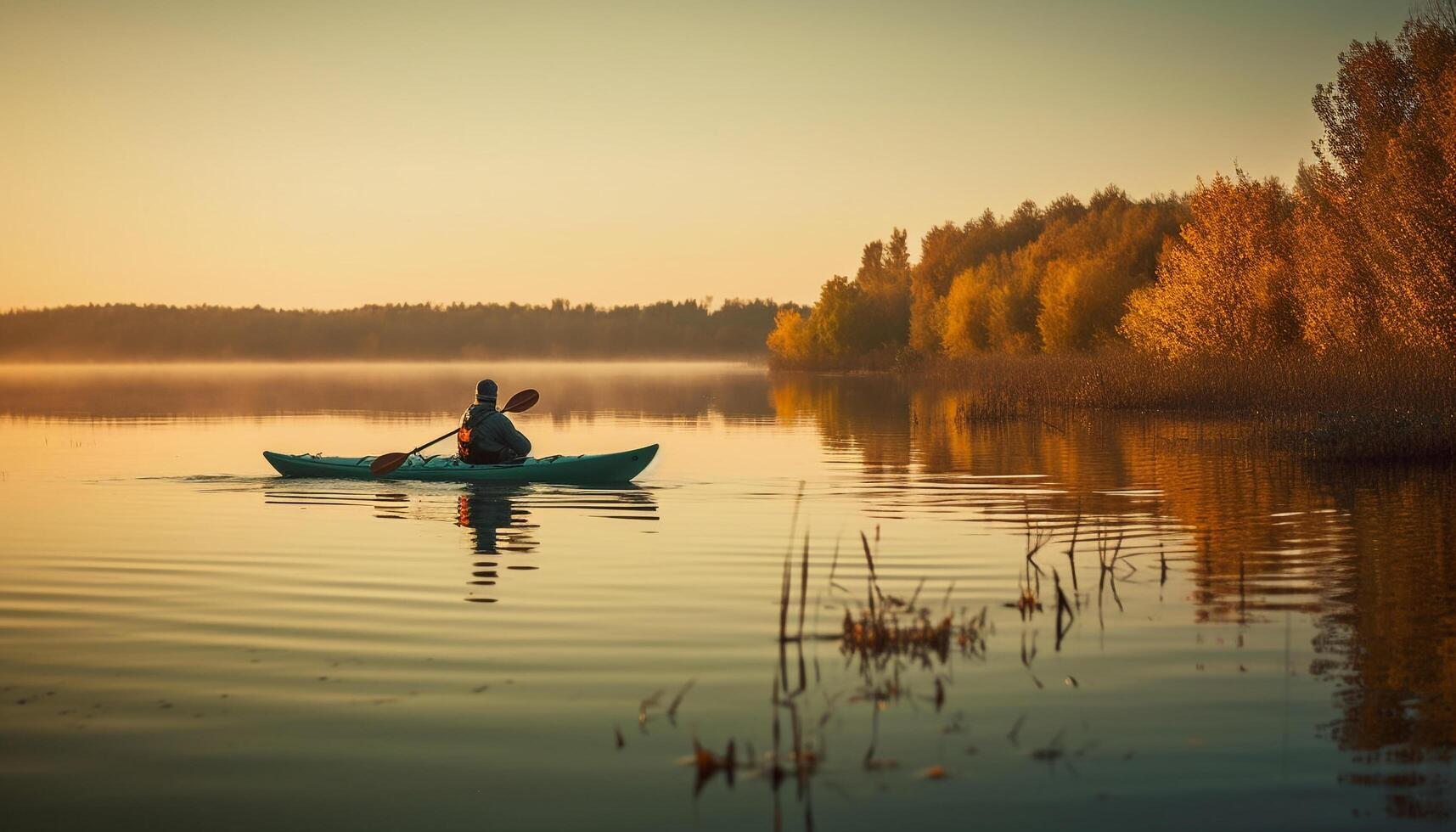 Men rowing canoe at sunset, tranquil scene generated by AI photo