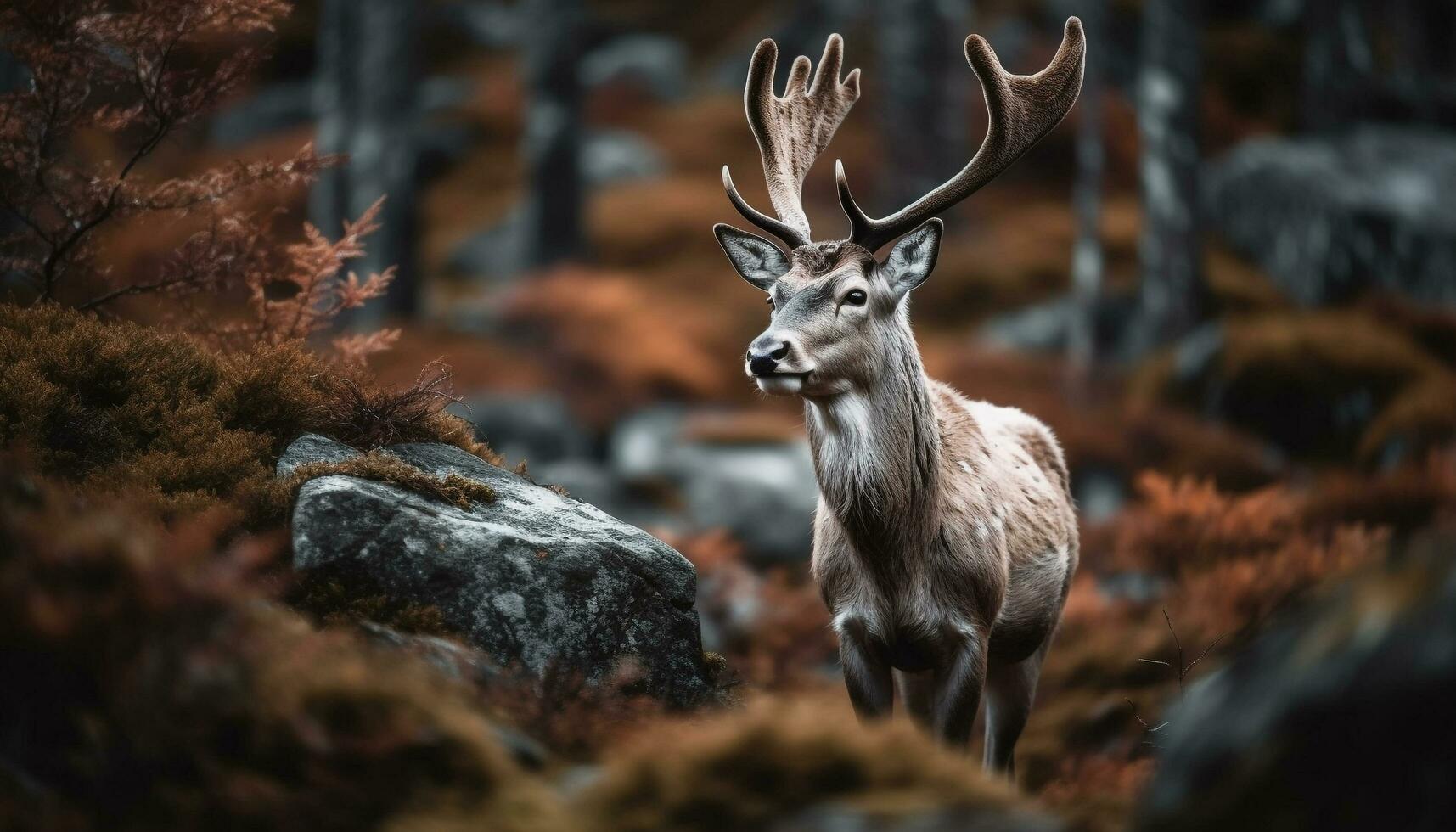 Horned stag stands in tranquil winter meadow generated by AI photo