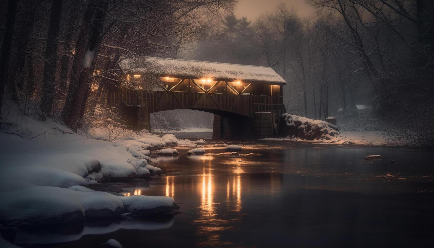 Tranquil winter forest, snow covered trees reflect beauty generated by AI photo