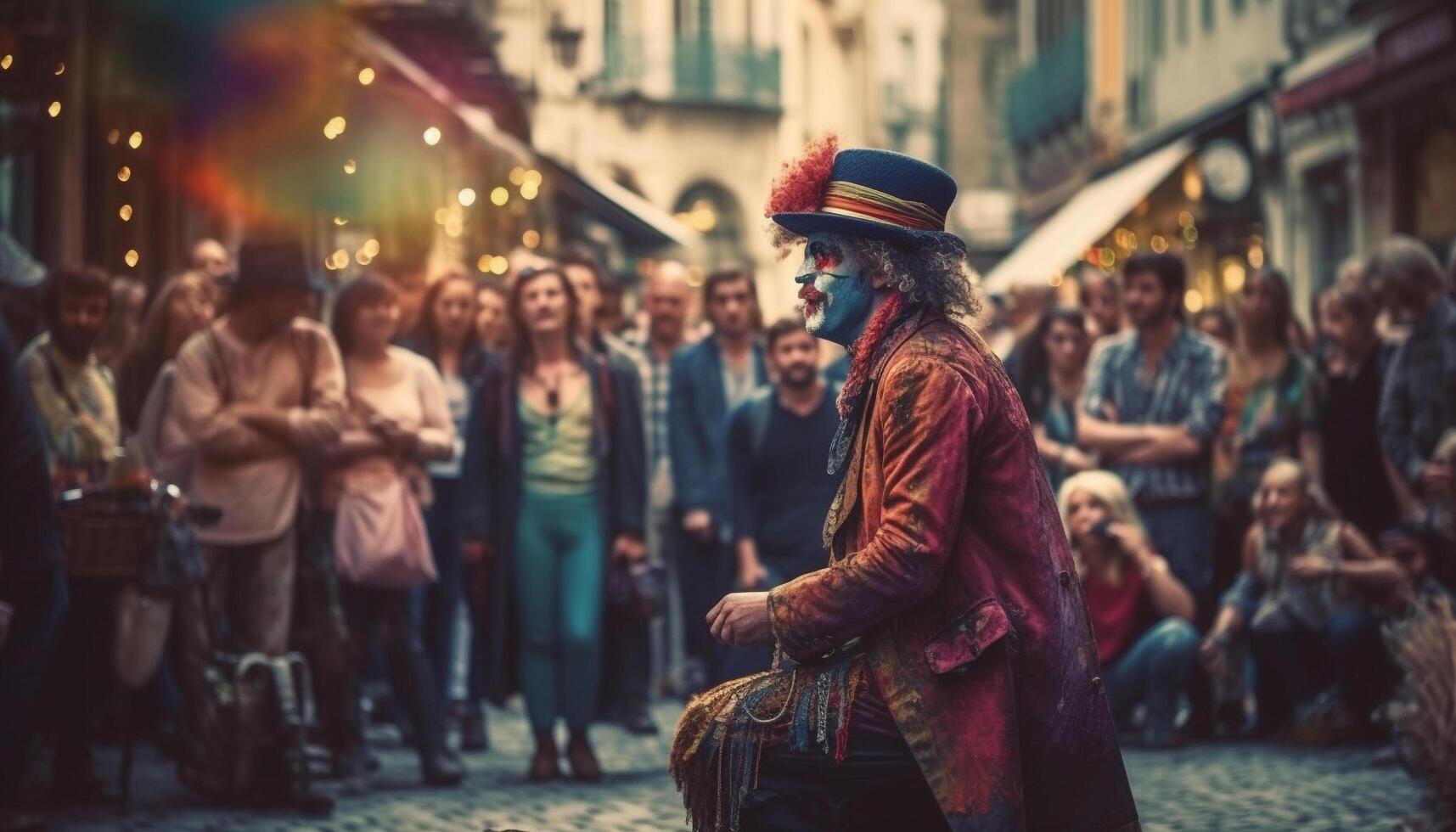 Smiling crowd walking through illuminated city streets generated by AI photo