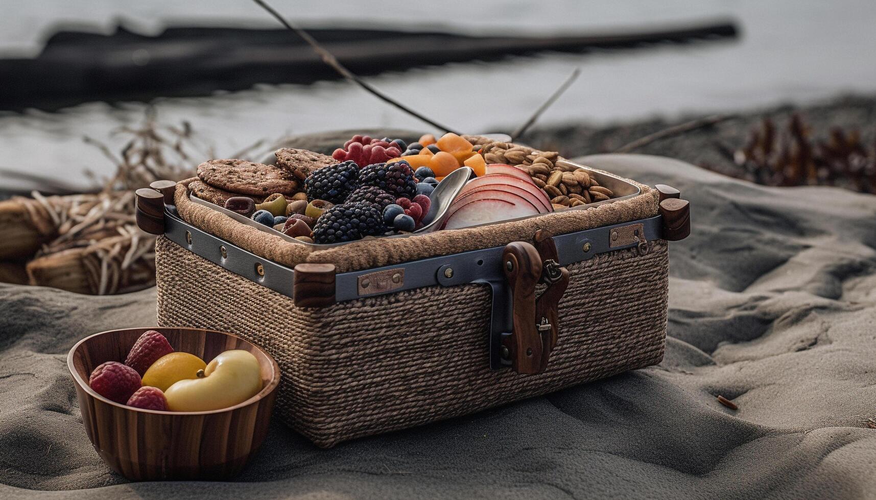 Abundance of ripe berry fruit in wicker basket generated by AI photo