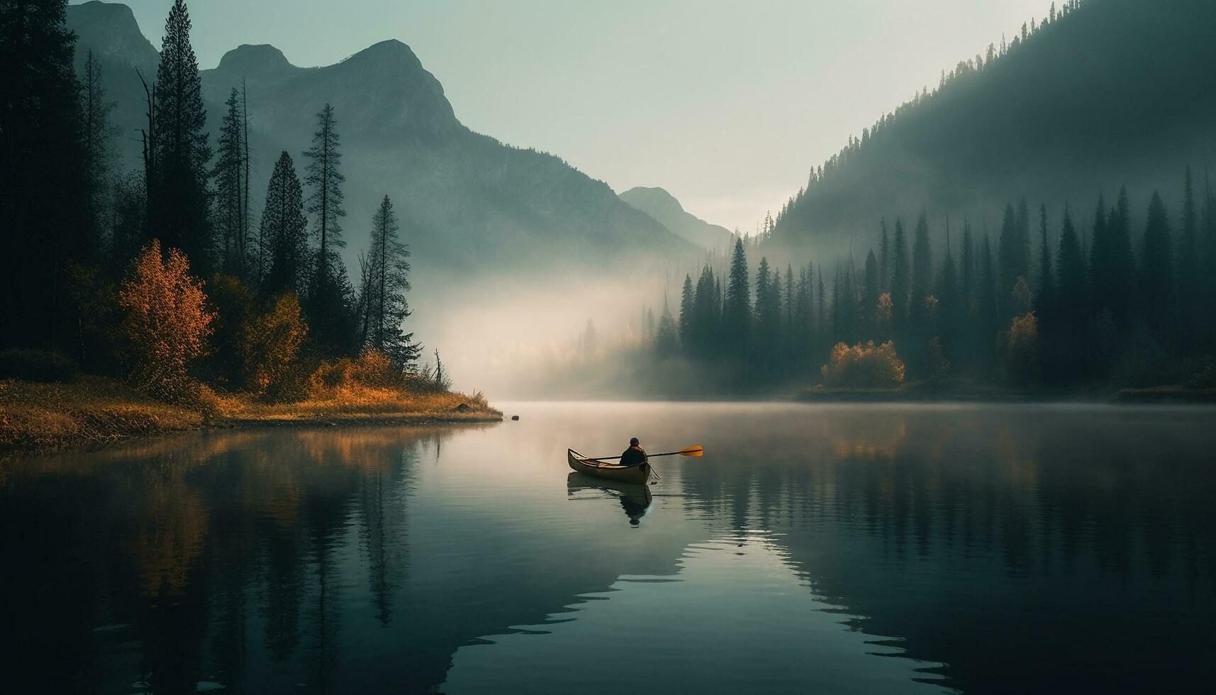 Tranquil scene of canoeing on blue pond generated by AI photo