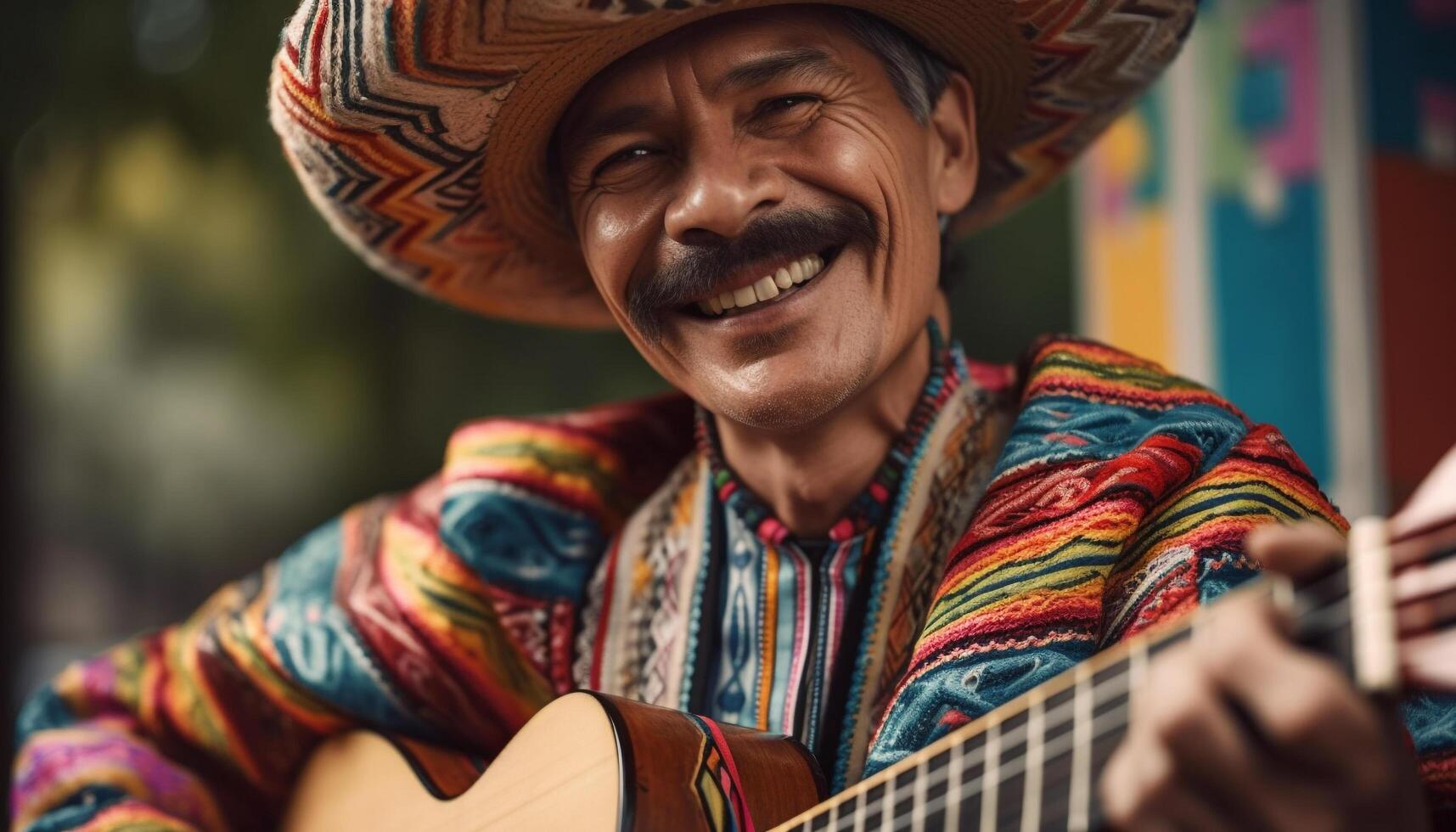 sonriente músico jugando guitarra, disfrutando al aire libre ocio generado por ai foto