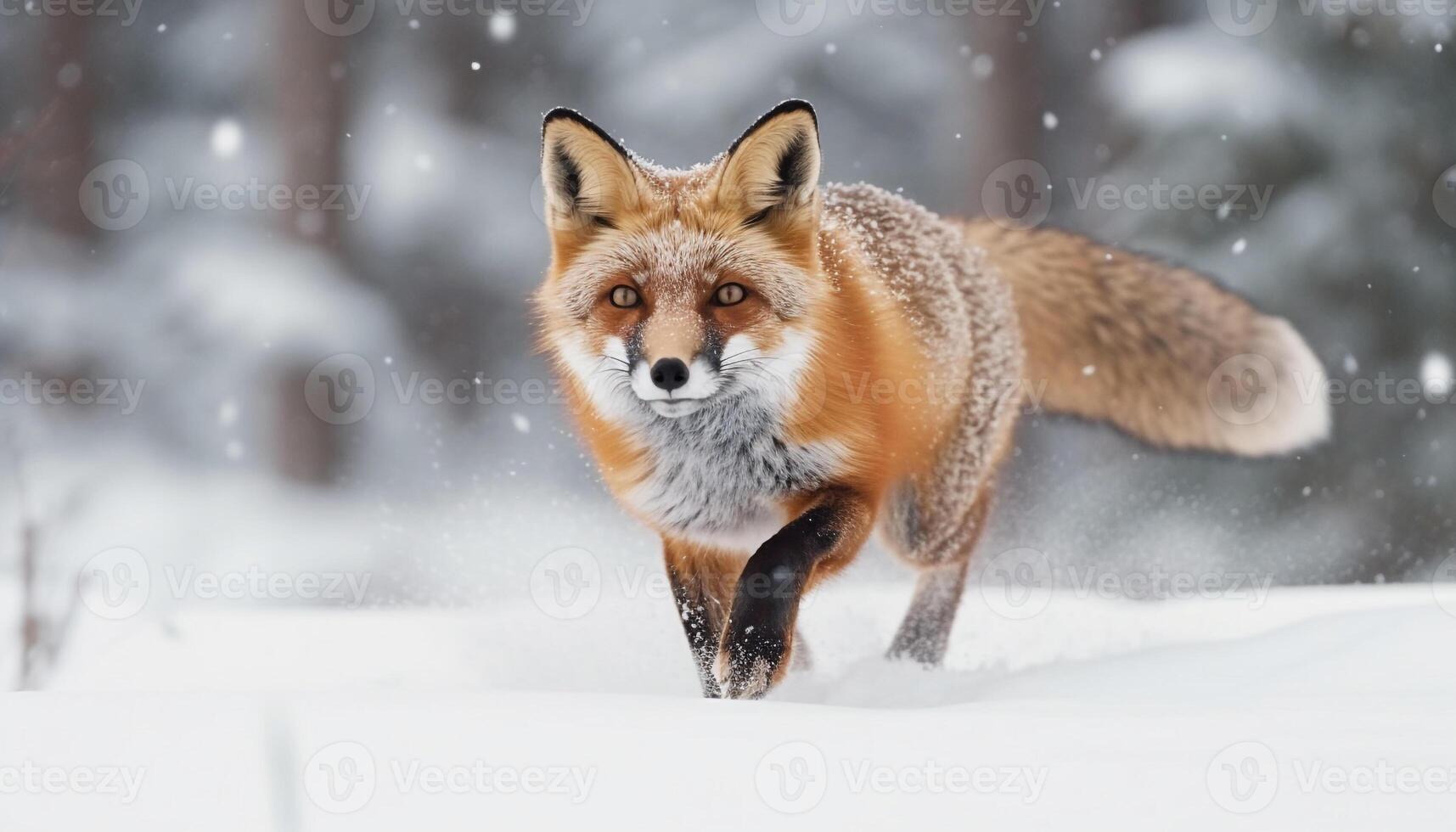 linda rojo zorro corriendo en Nevado bosque generado por ai foto