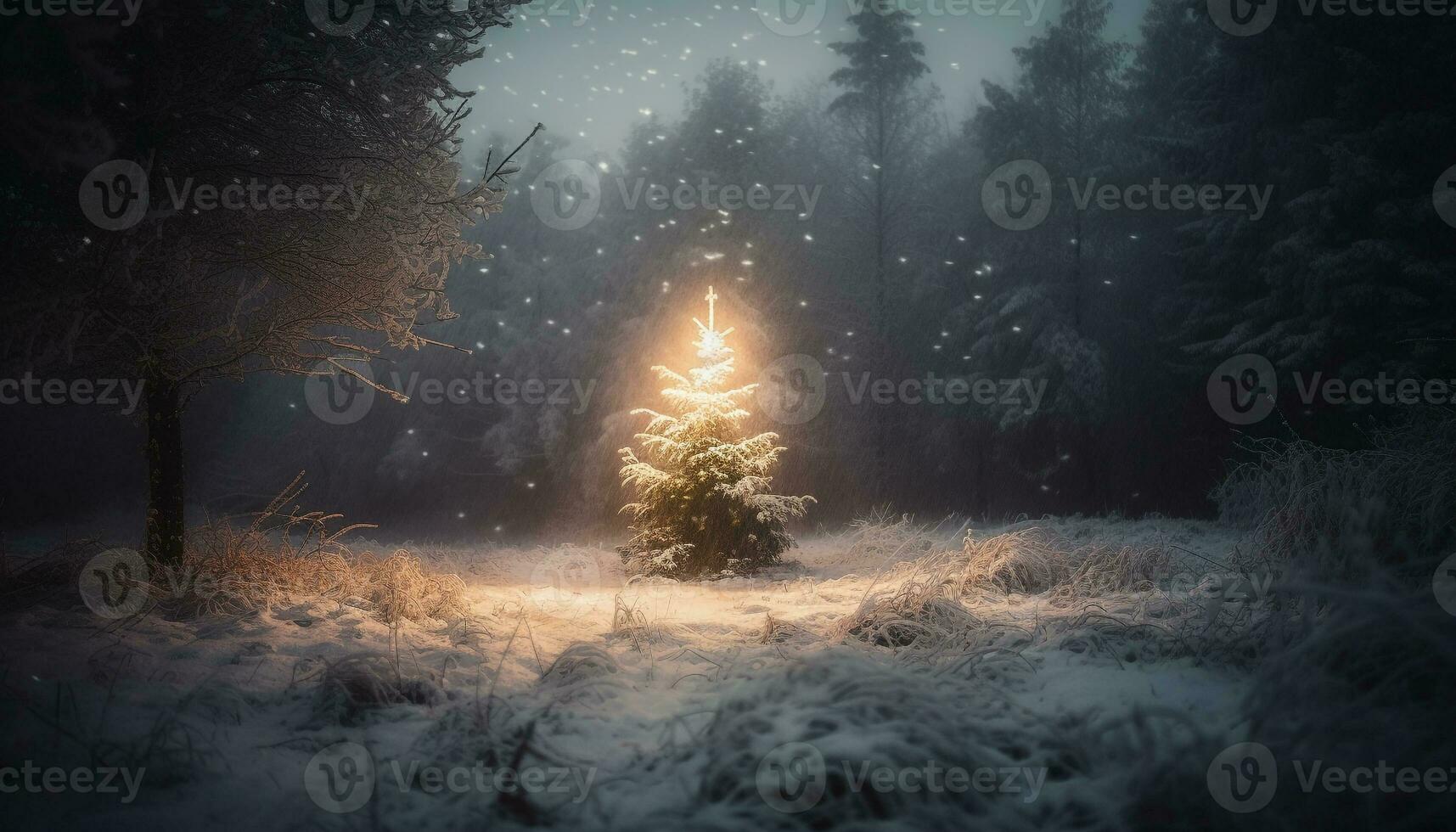 Frosty pine trees illuminate spooky winter night generated by AI photo