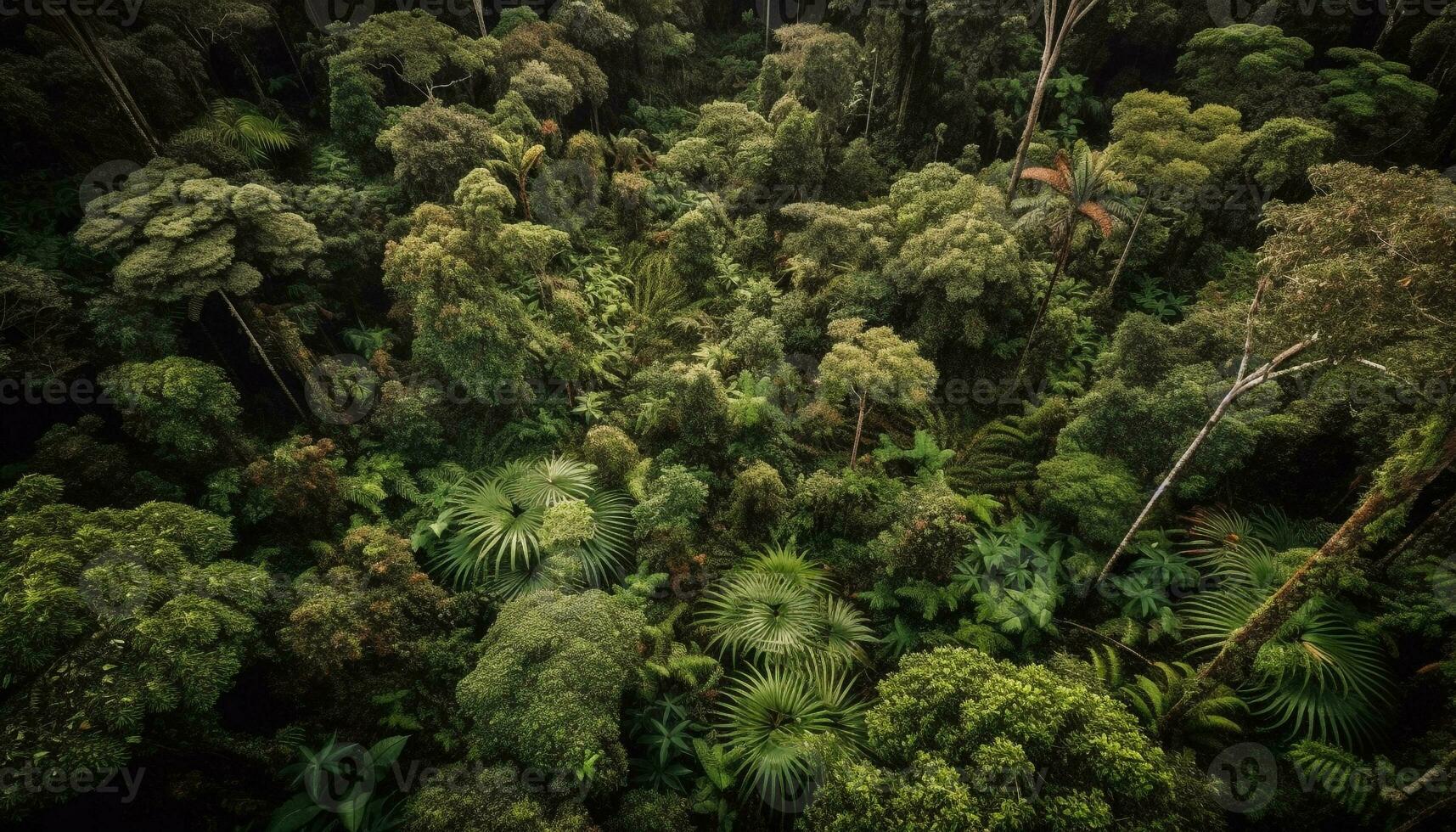 Tropical forest growth, green leaves, animal adventure generated by AI photo