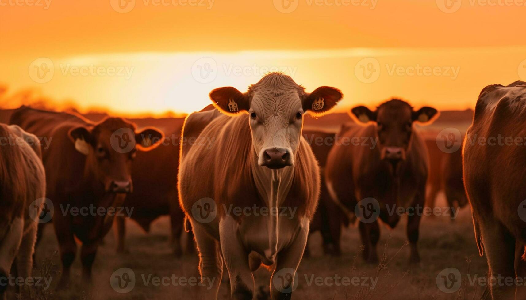 Herd grazing on green meadow at sunset generated by AI photo