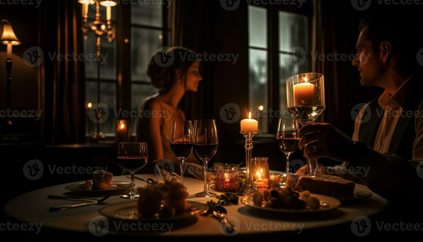 Caucasian couple enjoys candlelit wine and romance generated by AI photo