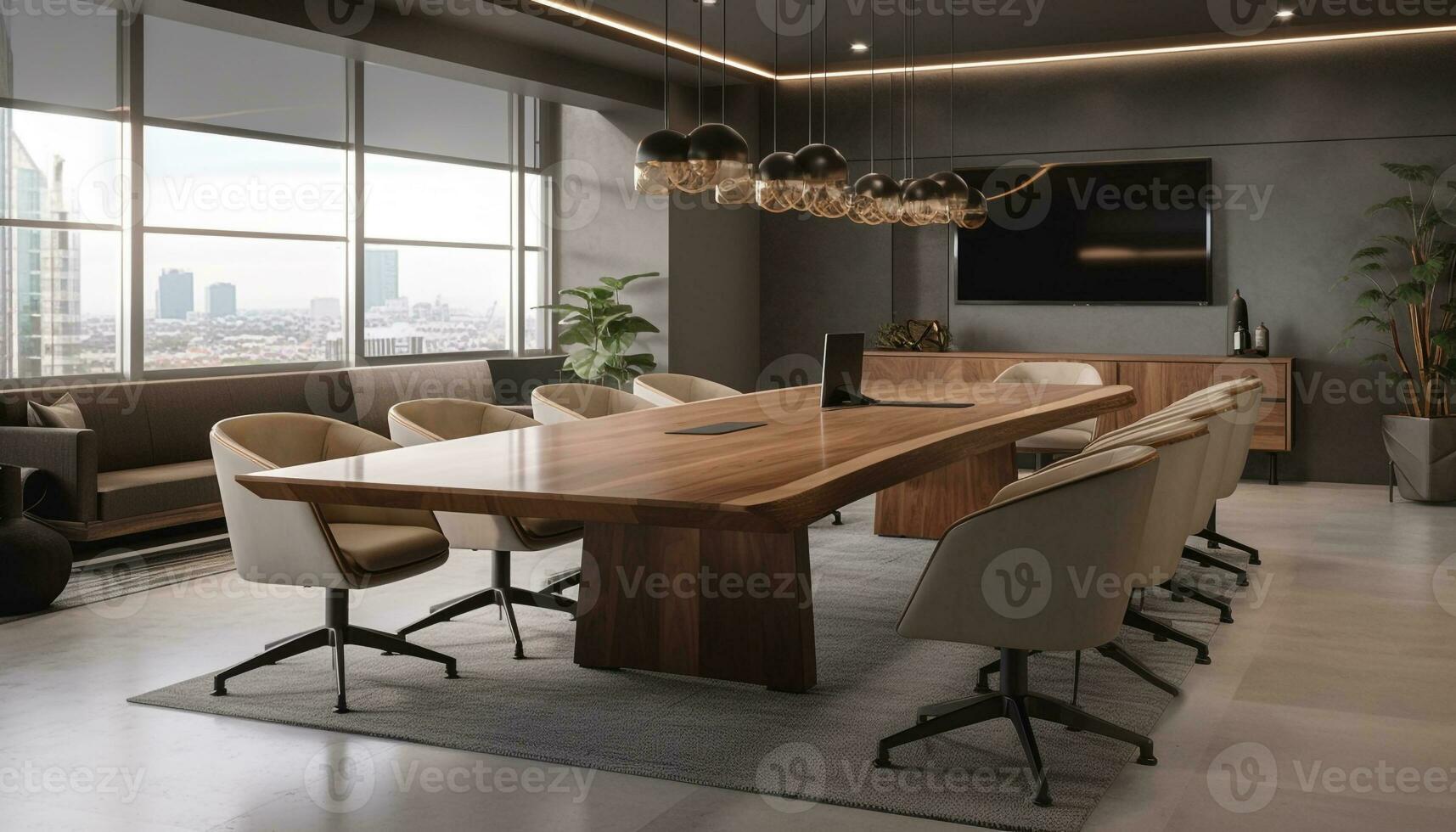 Modern office with comfortable armchair and wide window generated by AI photo