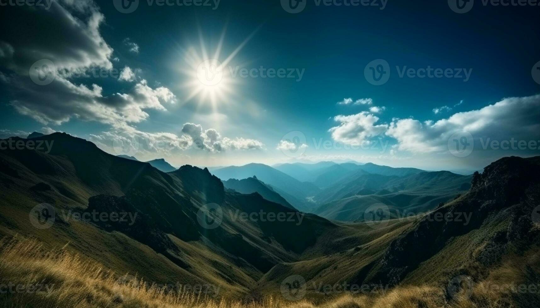 majestuoso montaña rango, tranquilo prado, puesta de sol belleza generado por ai foto