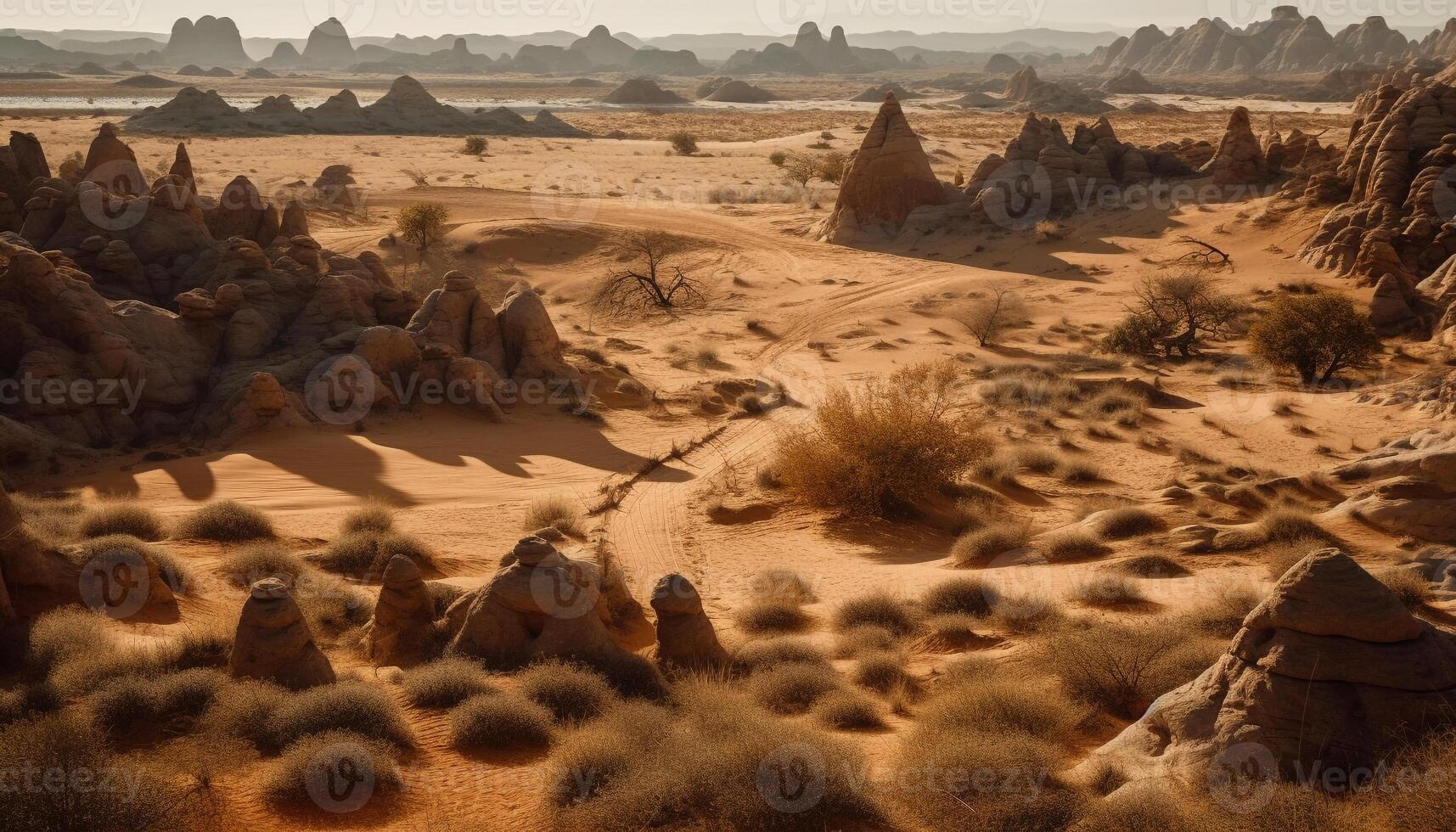 Majestic camel treks through eroded sandstone landscape generated by AI photo