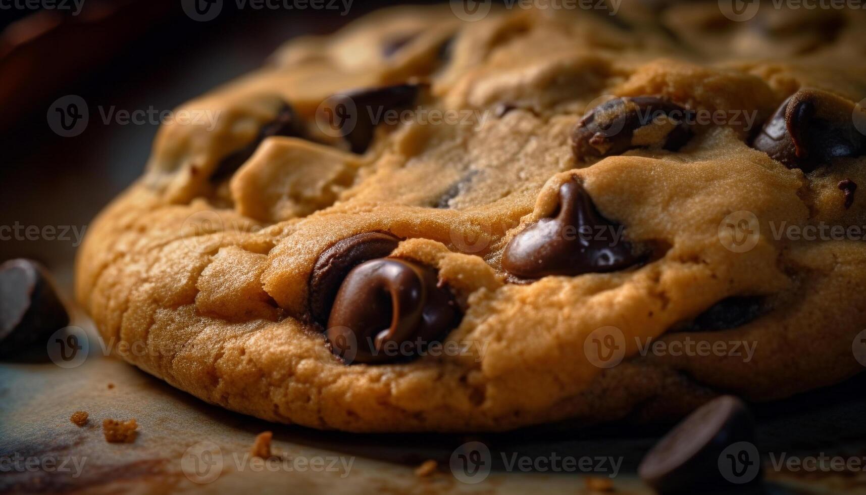 Freshly baked chocolate chip cookies on wooden table generated by AI photo