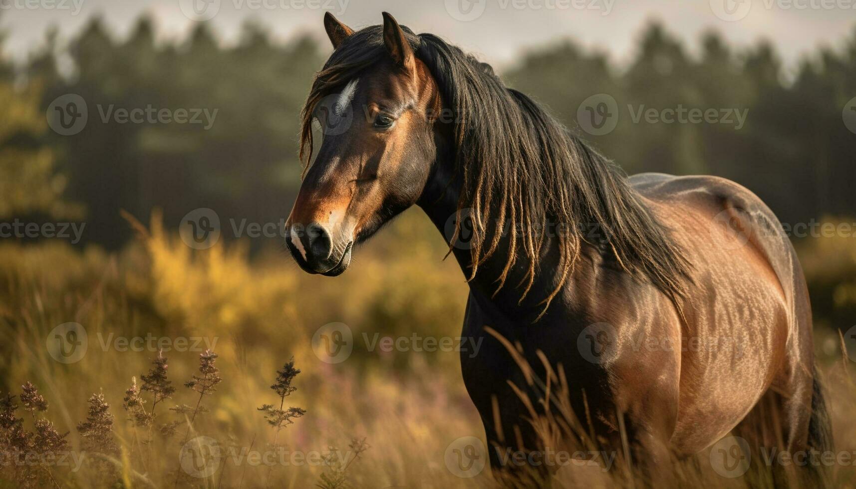 Bay stallion grazes in tranquil meadow sunset generated by AI photo