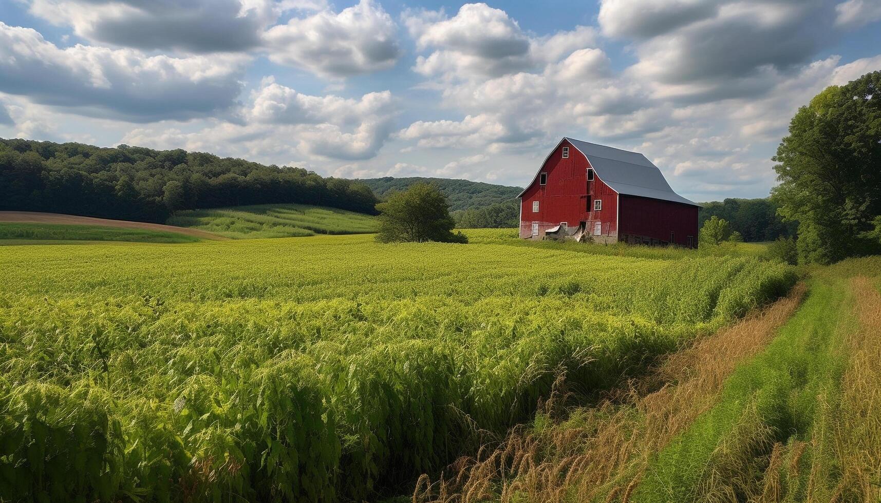 Green meadow, yellow wheat, tranquil sunset scene generated by AI photo