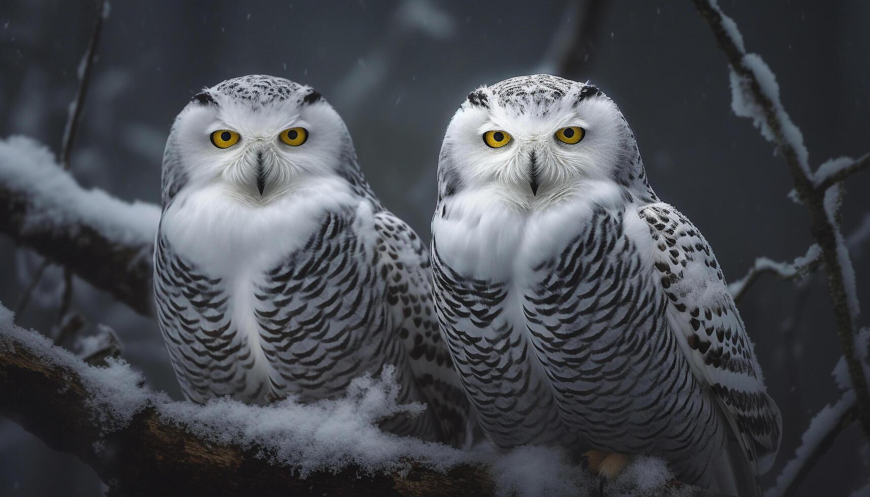 Great horned owl perching on snowy branch generated by AI photo