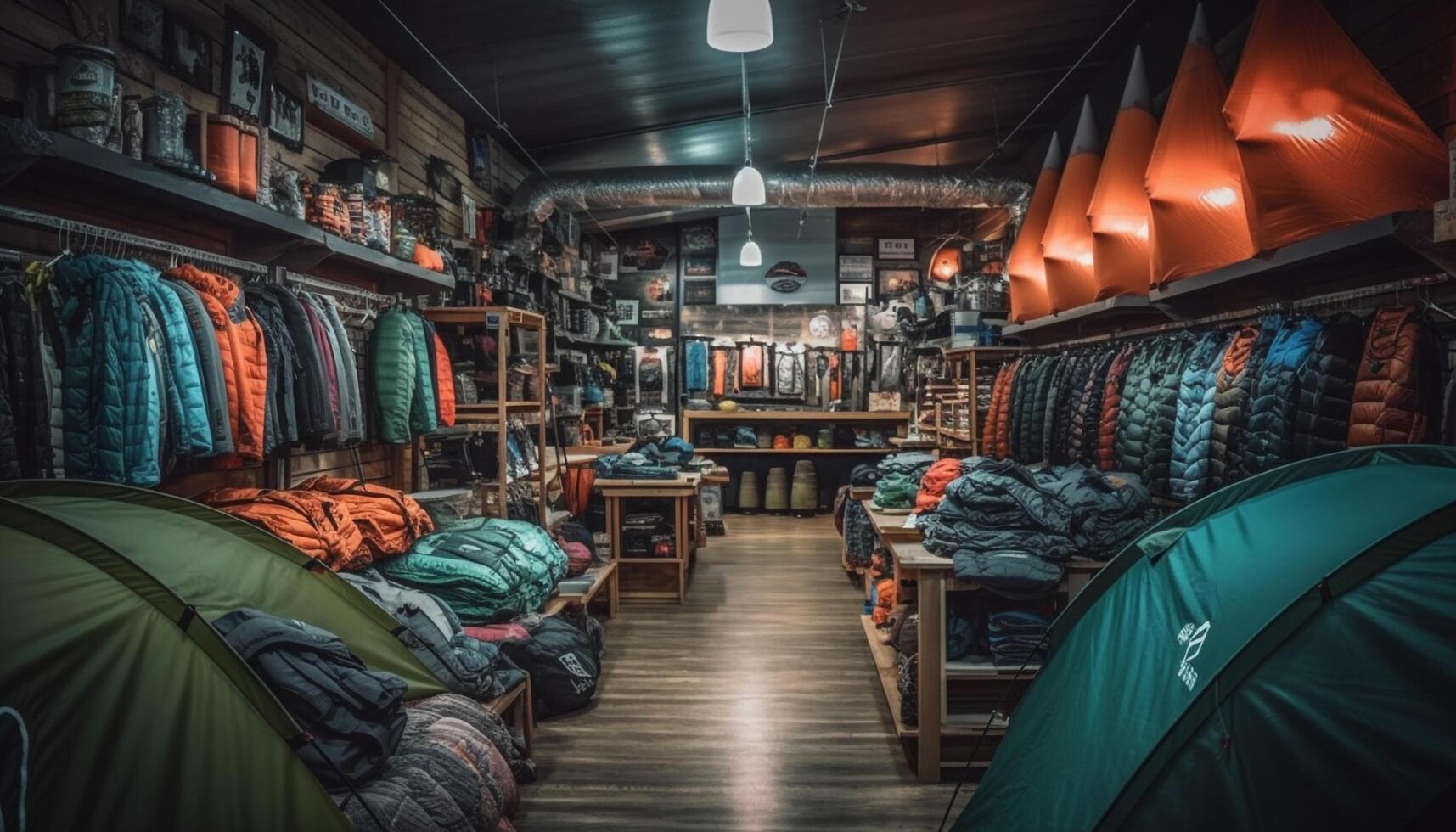 Wooden shelves display leather fashion collection in boutique generated by AI photo
