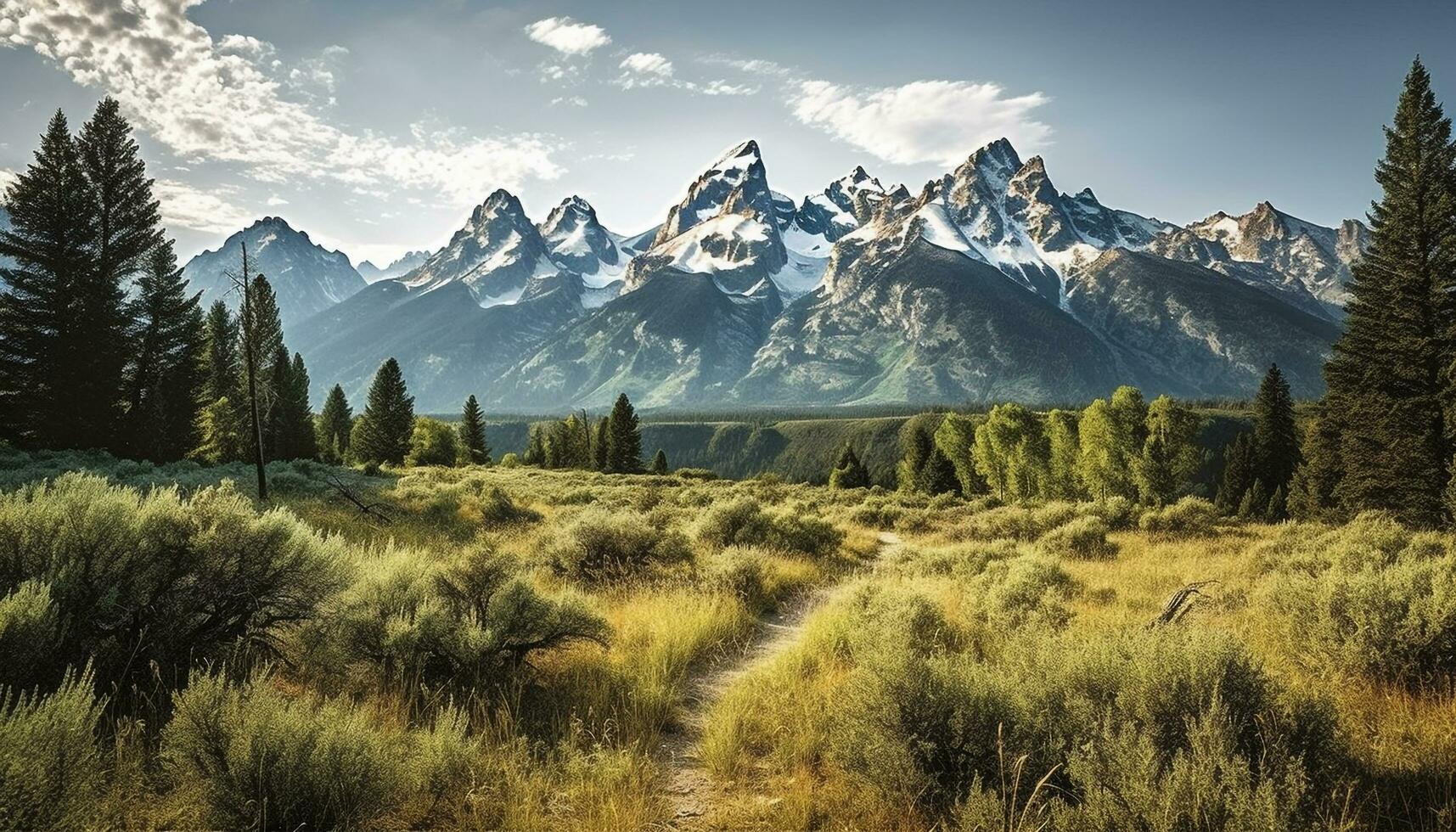 majestuoso montaña rango, tranquilo prado, sereno bosque generado por ai foto