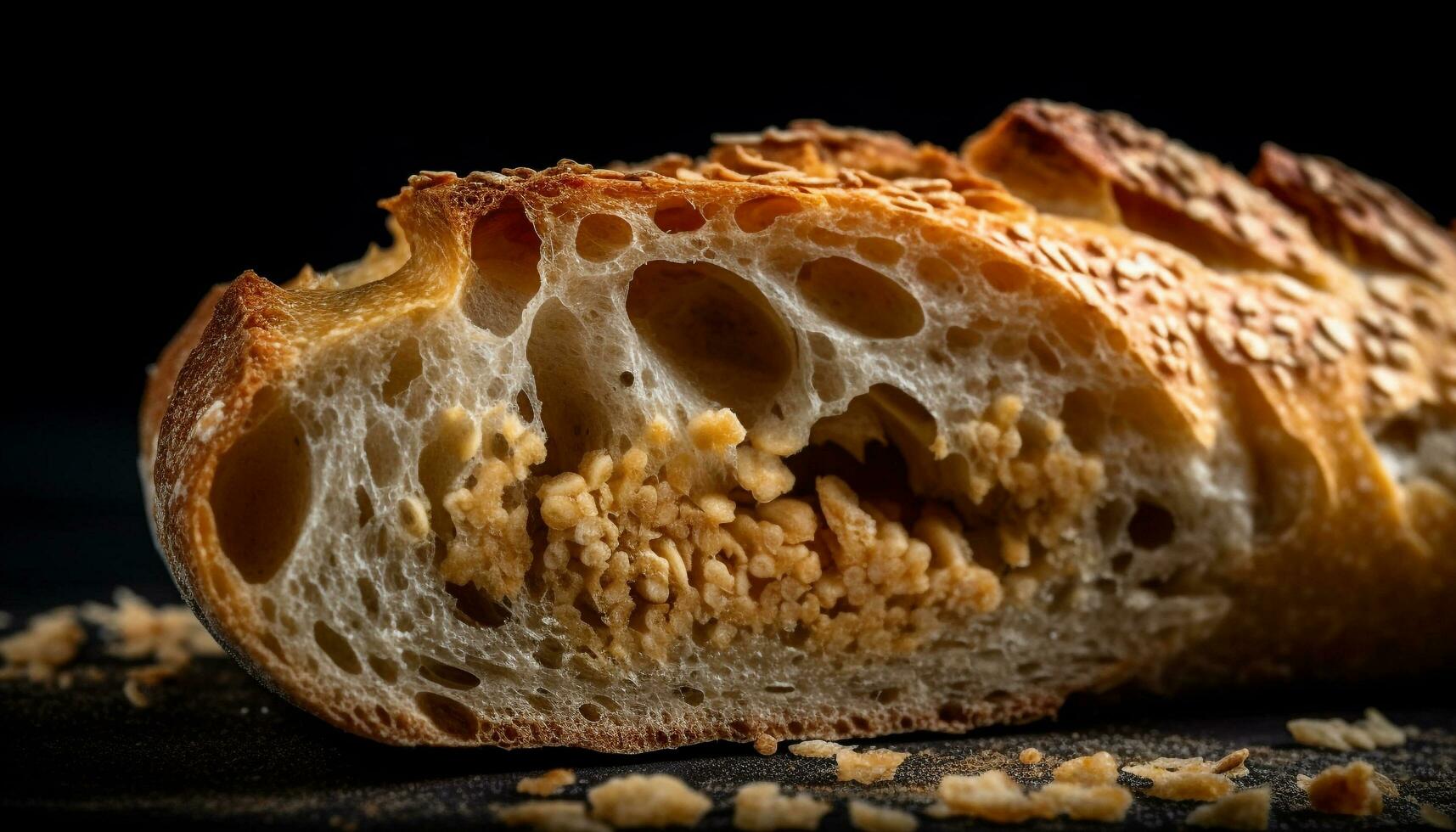 Freshly baked whole wheat baguette, golden and crunchy generated by AI photo