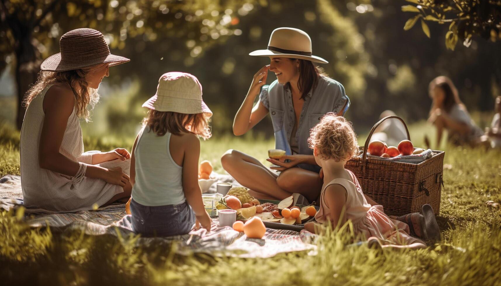 familia picnic en el prado, disfrutando naturaleza generado por ai foto