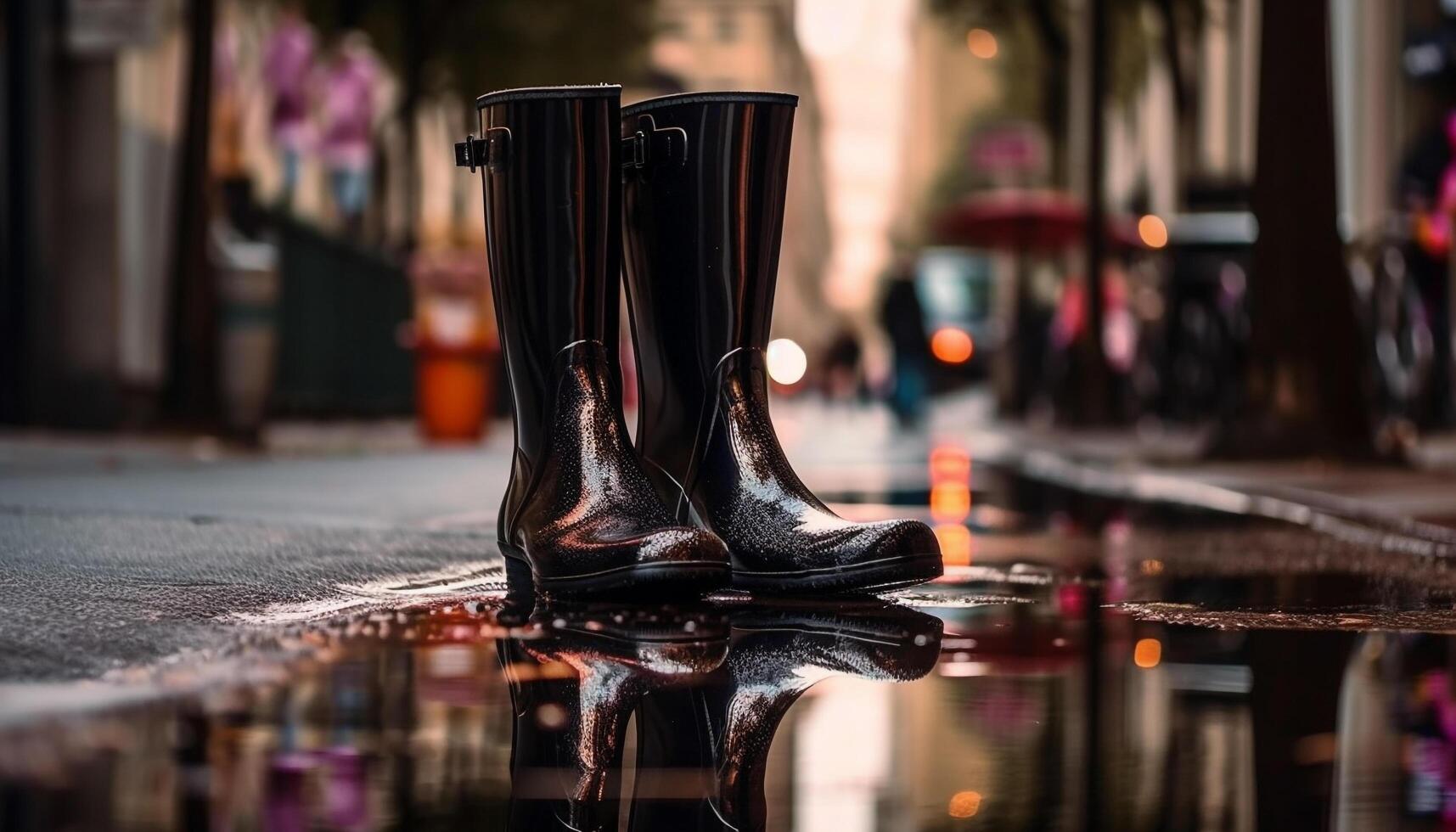 brillante cuero botas reflejar mojado otoño lluvia generado por ai foto