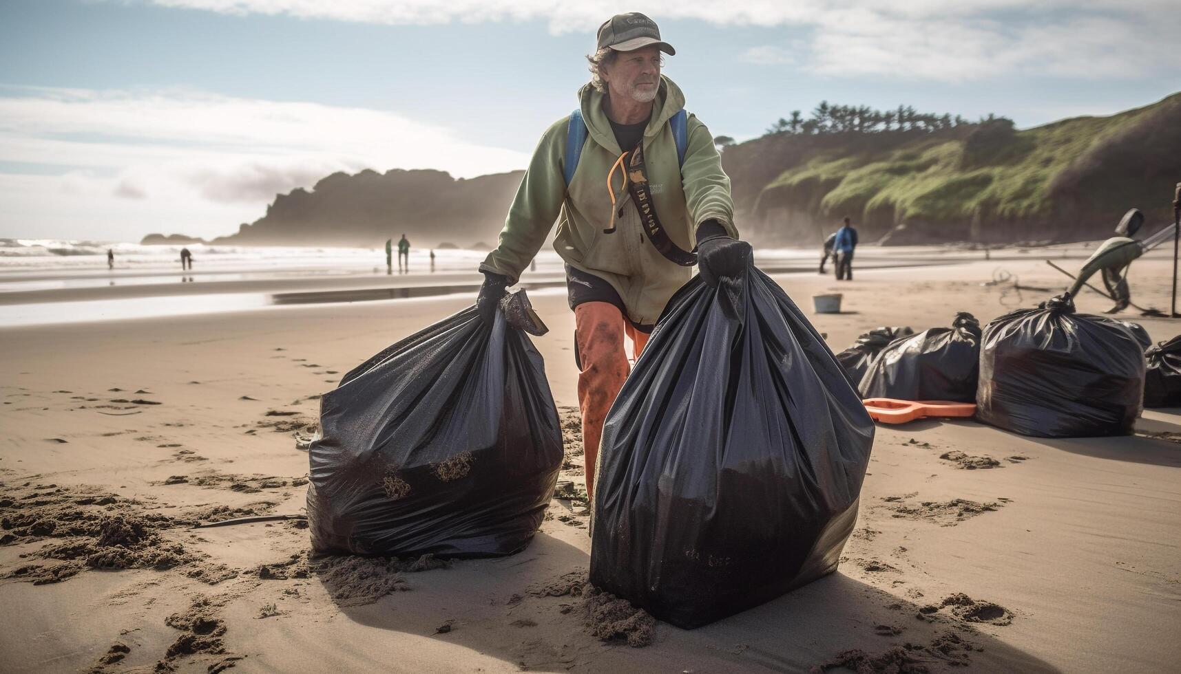 Two adults holding bags, recycling for nature generated by AI photo
