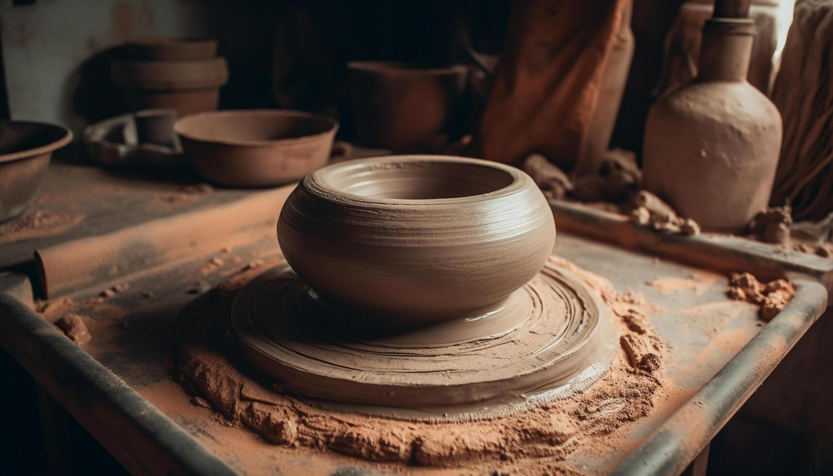 Craftsperson molding clay on wheel, creating vase generated by AI photo