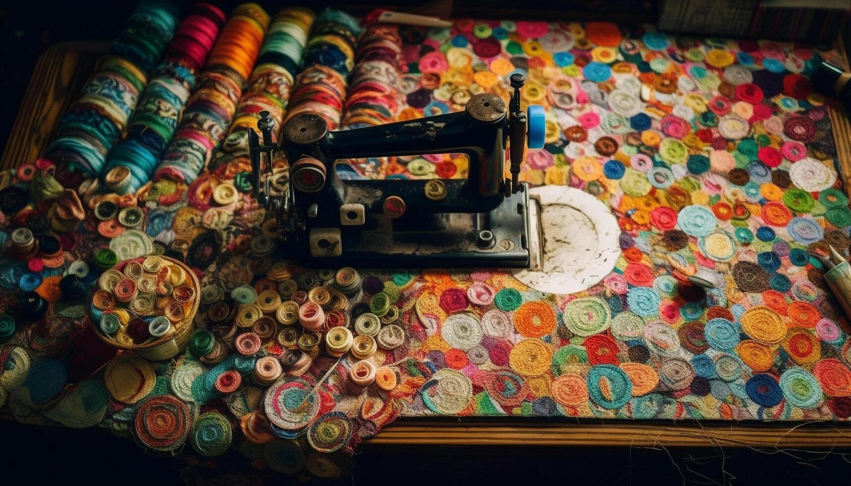 Multi colored spools of thread adorn tailor workshop generated by AI photo