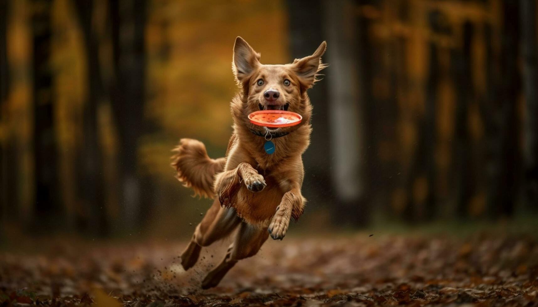 Purebred retriever and terrier playing in forest generated by AI photo