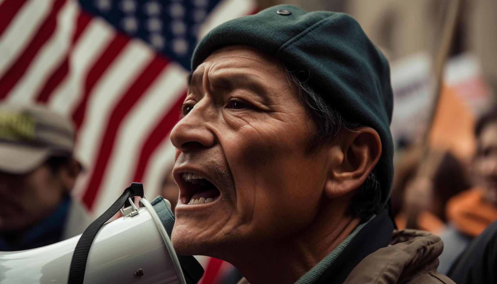 One man, American flag, smiling, outdoors, celebration generated by AI photo