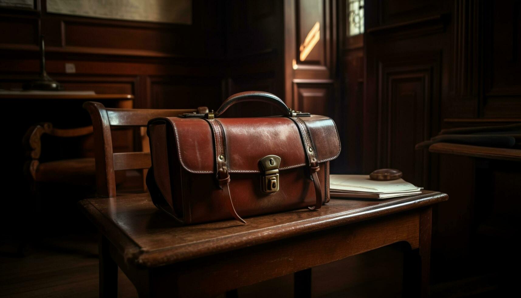 Leather suitcase on table exudes old fashioned elegance generated by AI photo