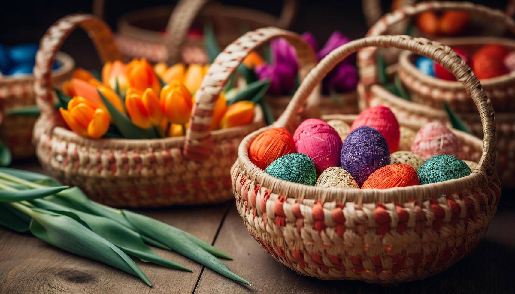 Woven wicker basket holds fresh multi colored fruit generated by AI photo