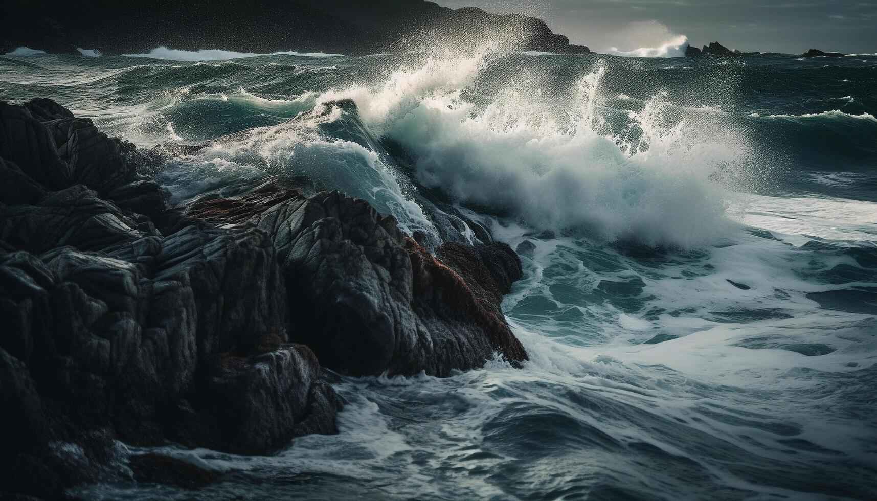 Sunset over rough seas, waves crashing fiercely generated by AI photo