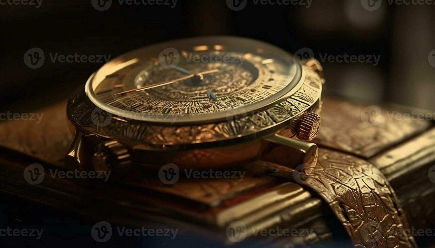 Antique pocket watch, gold metal, leather strap generated by AI photo