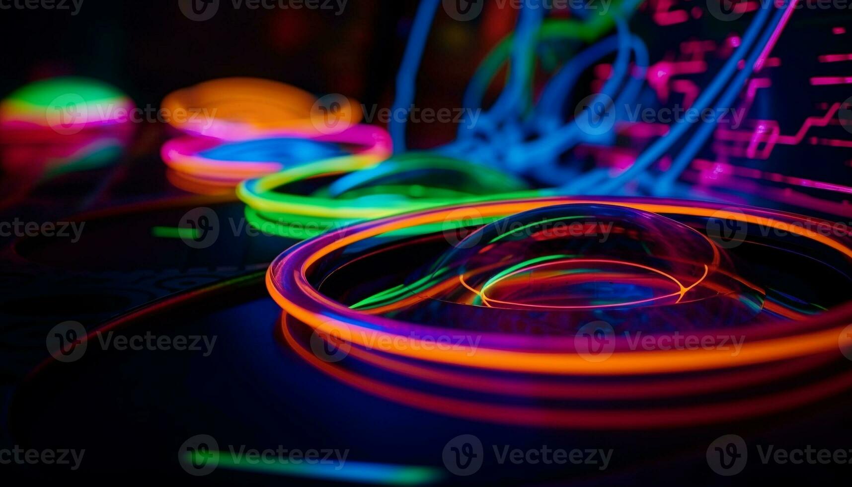 Glowing neon circle spins in futuristic nightclub generated by AI photo