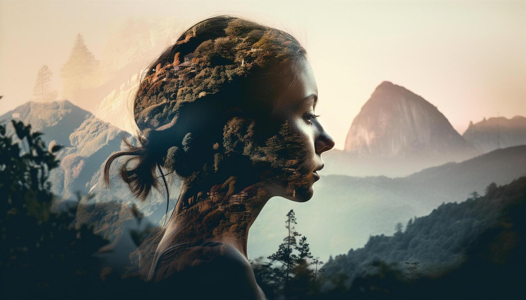 Young woman standing on mountain peak smiling generated by AI photo